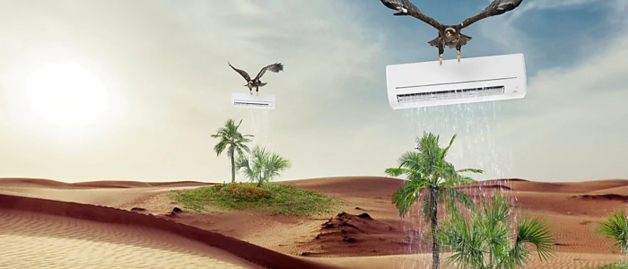 Three large birds carrying an ac unit